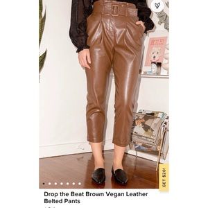 Brown Vegan Leather Belted Pants
